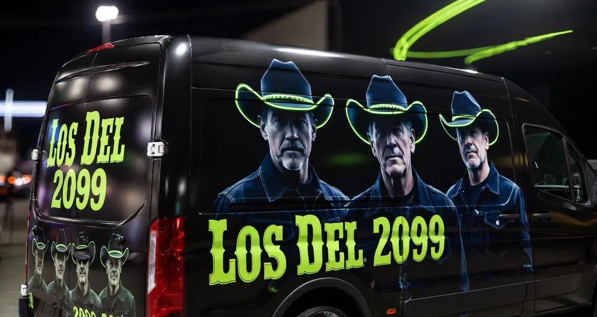 Camioneta de gira de Los del 2099 con luces de neón por la noche